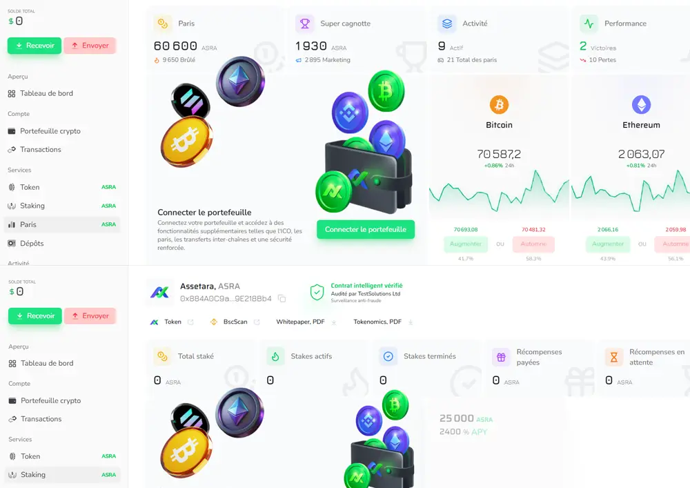 Plateforme Assetara avec tableau de bord crypto et portefeuille DeFi
