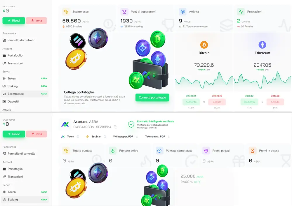 Piattaforma Assetara con dashboard crypto e wallet DeFi