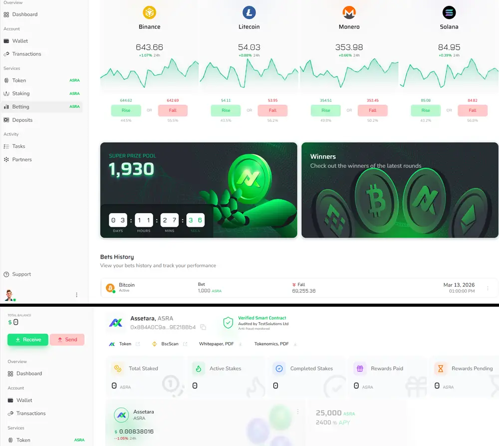 Nền tảng Assetara với bảng điều khiển crypto và ví DeFi